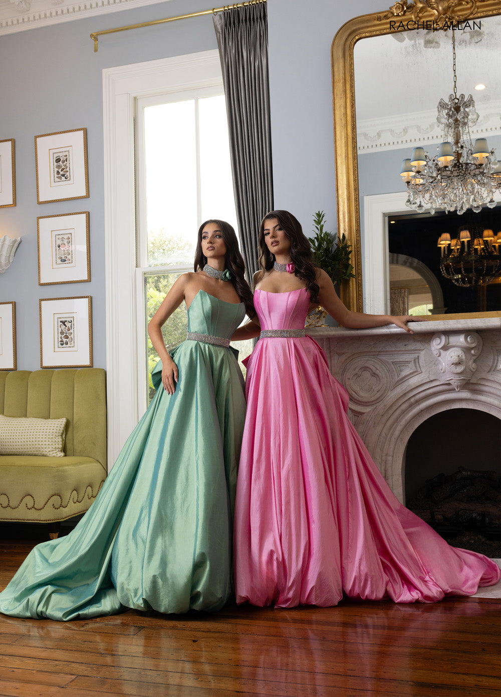 Rachel Allan 71024 Candy pink formal gown with crystal beading and a flowing A-line silhouette.