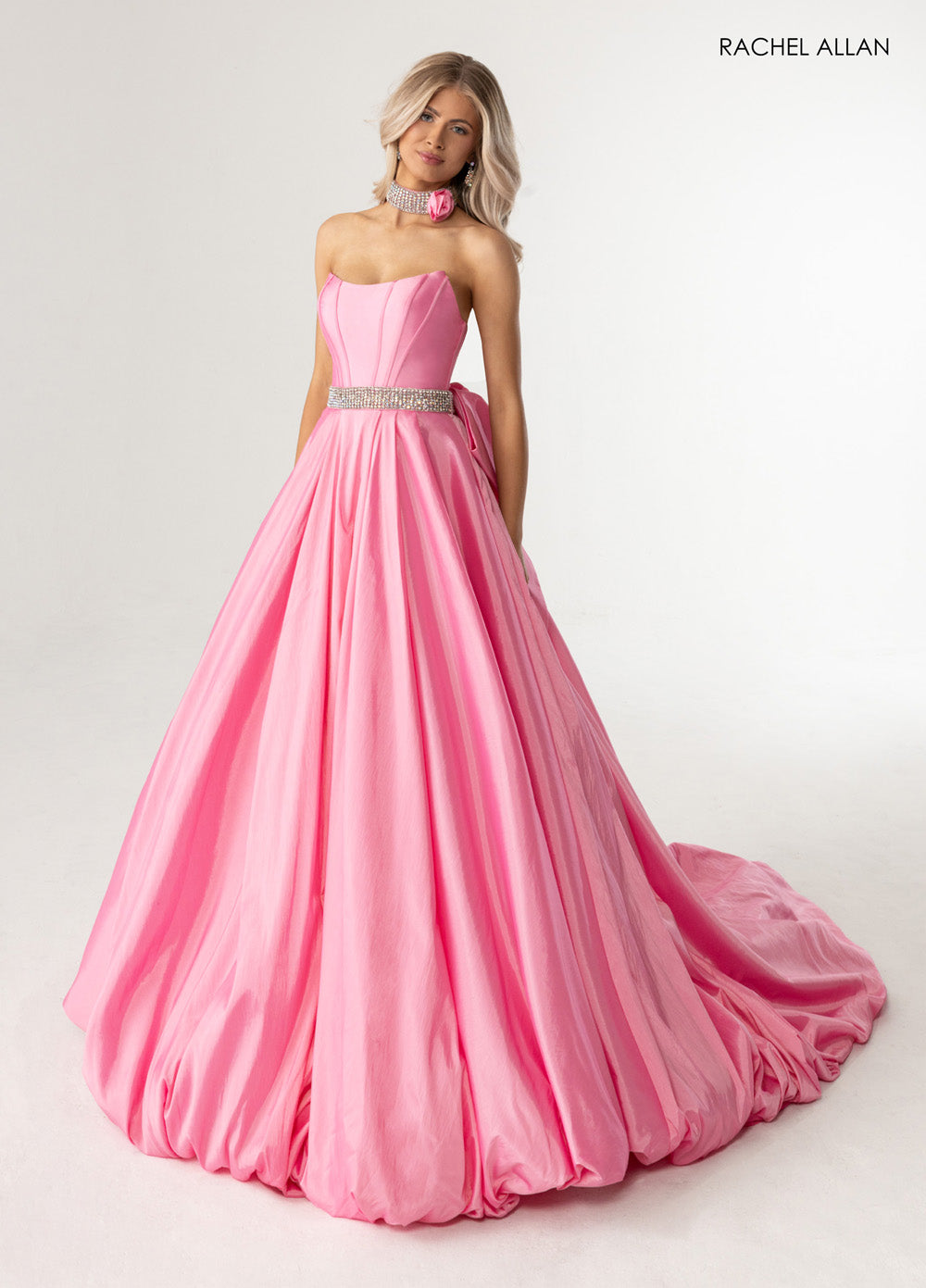 Rachel Allan 71024 Candy pink ballgown with crystal beading and a fitted bodice, front view prom dress.