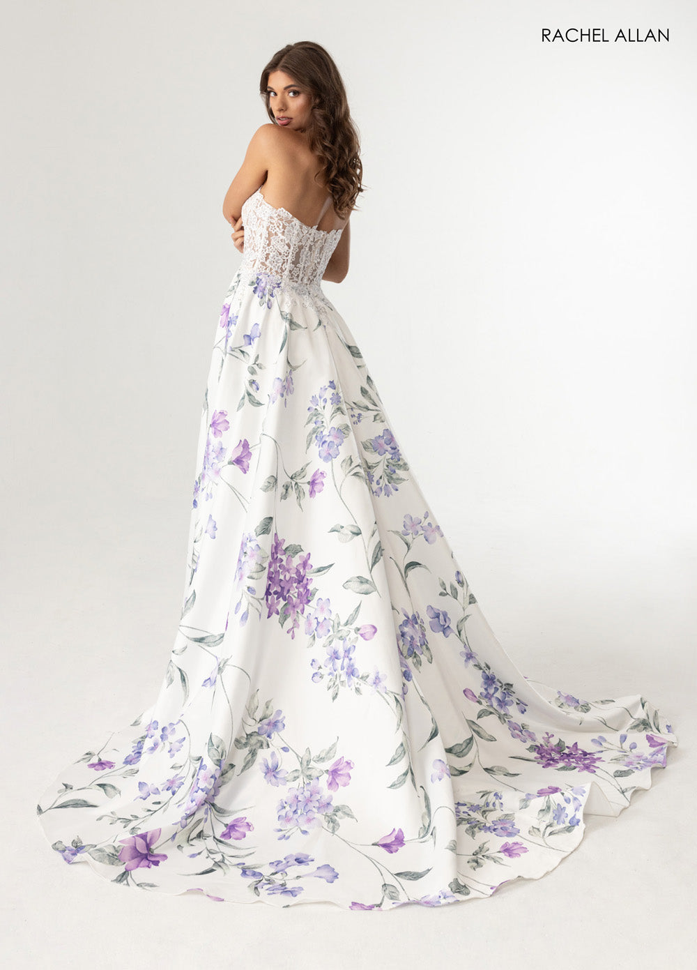 Rachel Allan 71031 White floral prom dress with a fitted bodice and lace-up back, back view.