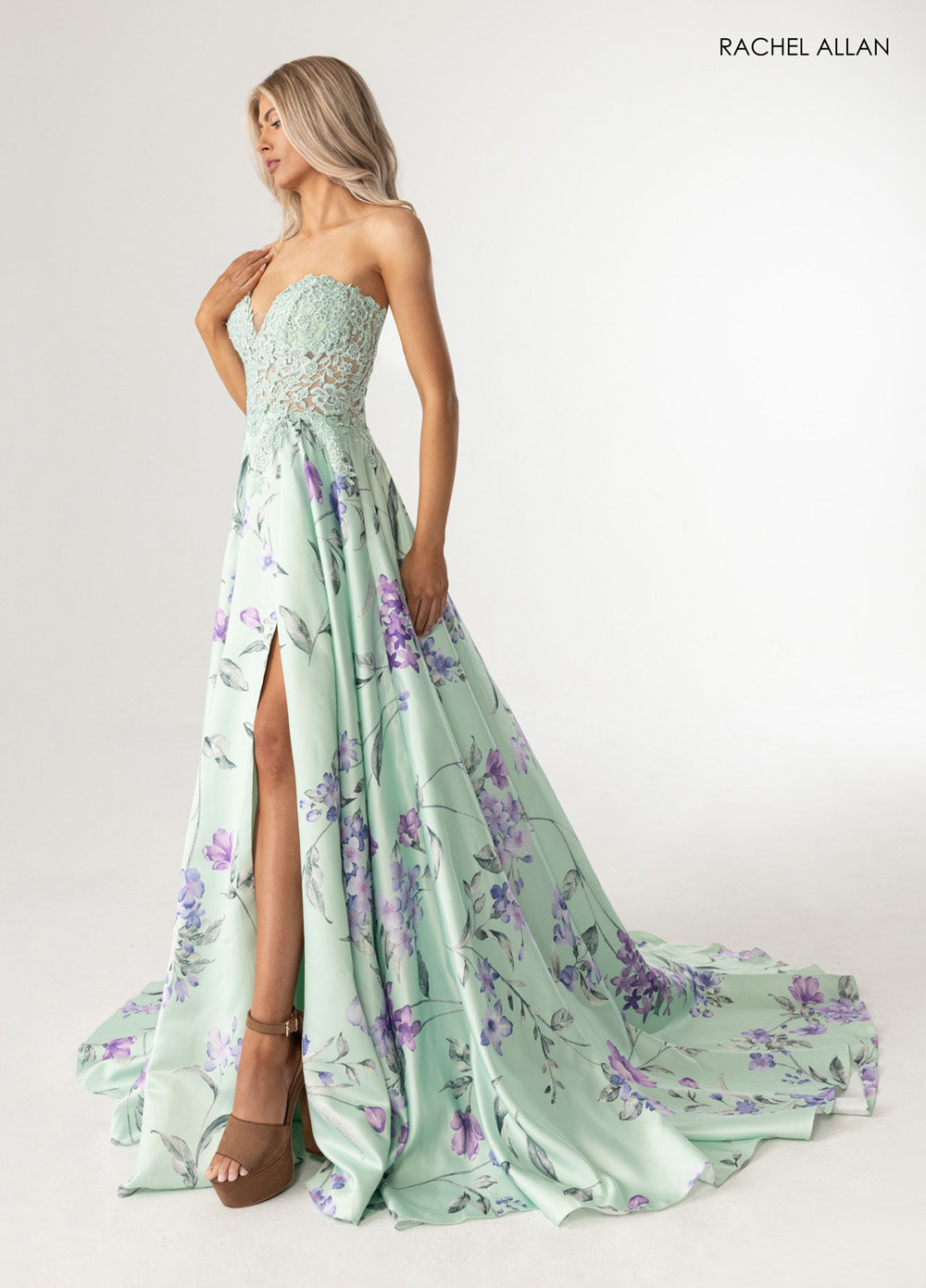 Rachel Allan 71031 Sage multi prom dress with floral print, fitted bodice, and side slit.