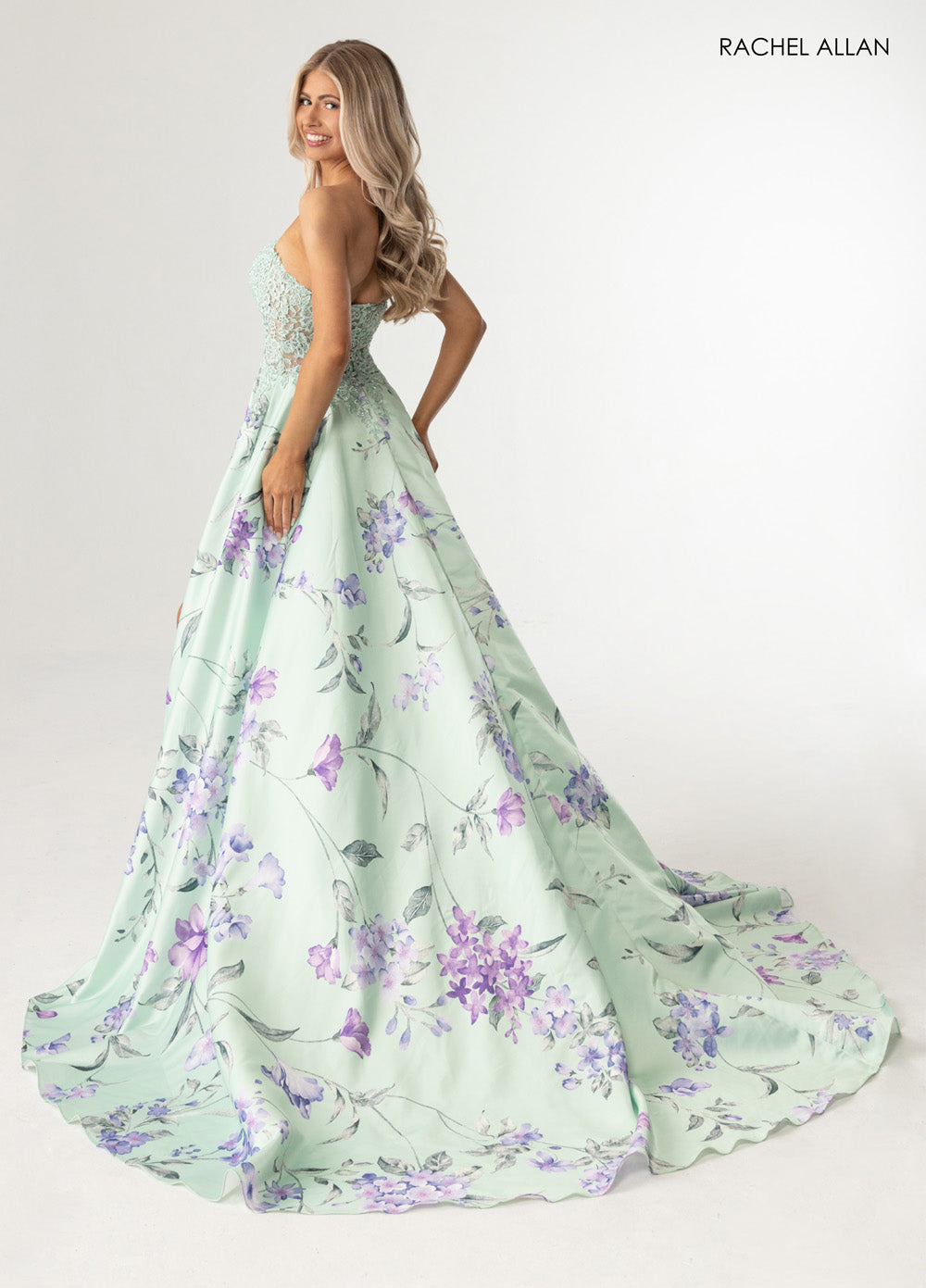 Rachel Allan 71031 Sage multi prom dress with floral print, fitted bodice, and crystal beading detail.