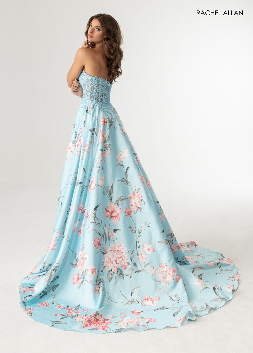 Rachel Allan 71031 Sky blue multi prom dress with floral print and intricate beading, back view.