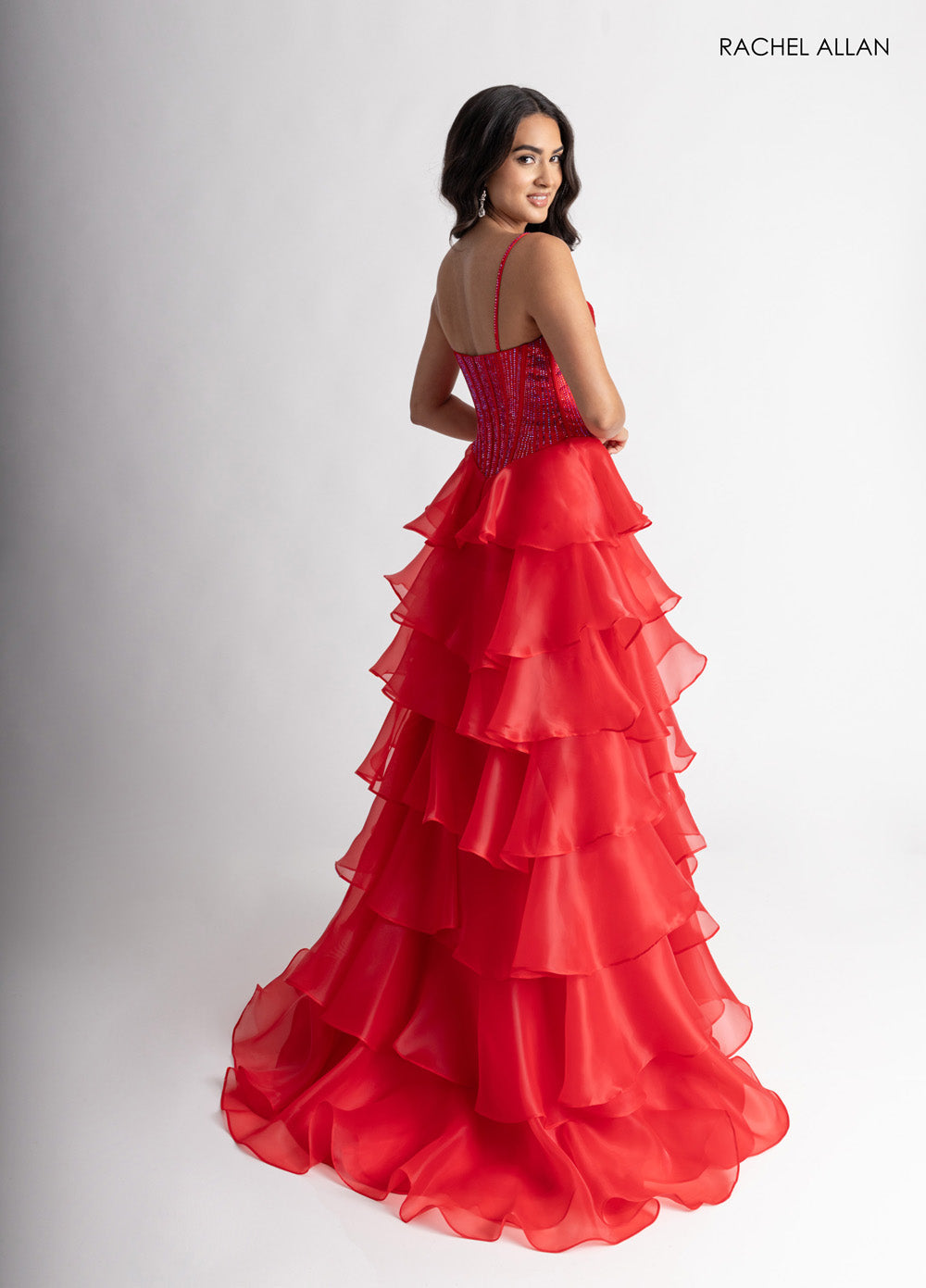 Rachel Allan 71049 Red tiered formal gown with crystal beading, featuring a fitted bodice and back view.