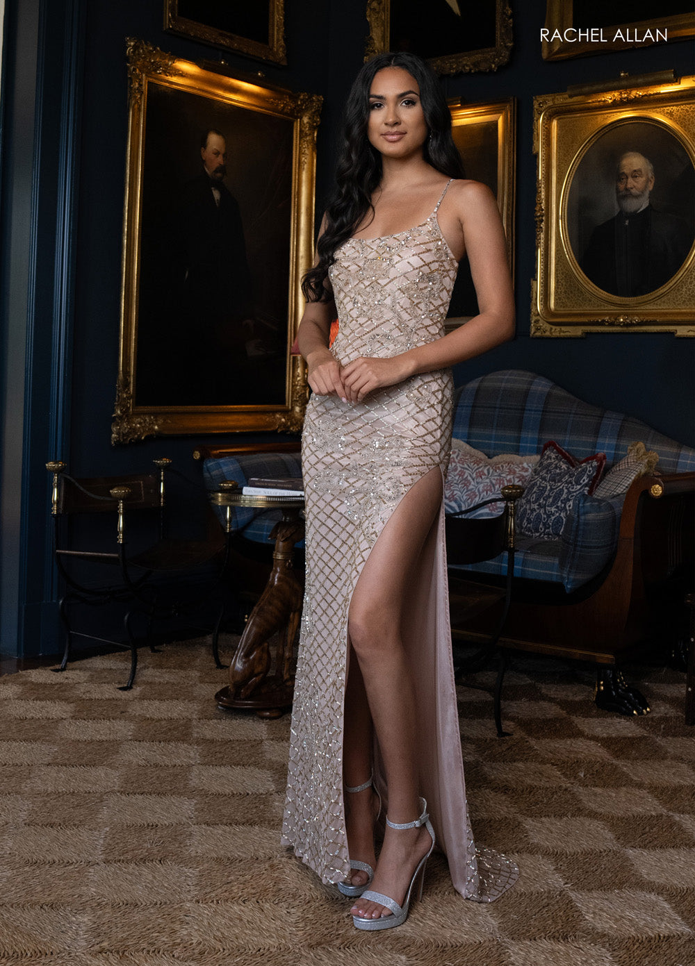 Rachel Allan 71062 Nude gold prom dress with beading and a thigh-high slit, front view.