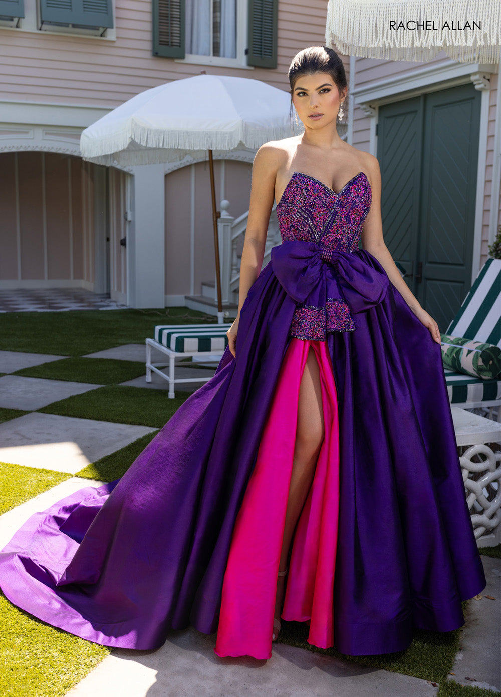 Rachel Allan 71068 Royal turquoise and ultraviolet fuchsia ballgown with beading and a high slit prom dress.