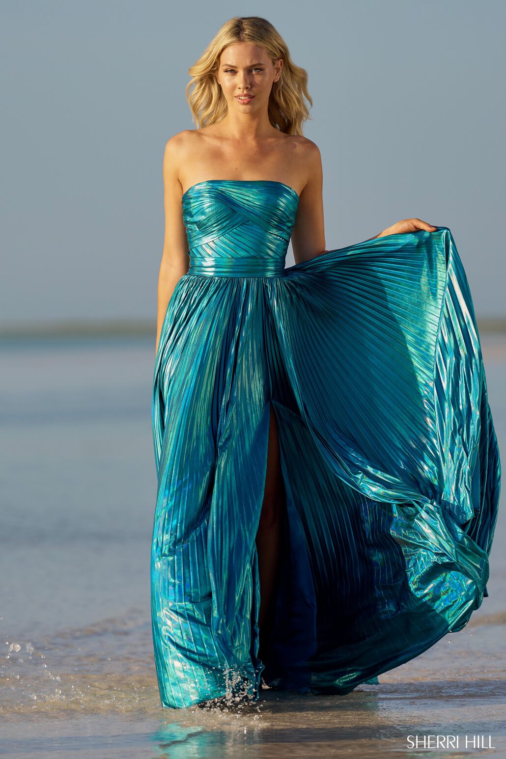 knee length dresses for ladies Elizabeth K GL2894's Strapless Faux Wrap Metallic Dress– sheerdreamz main image 1
