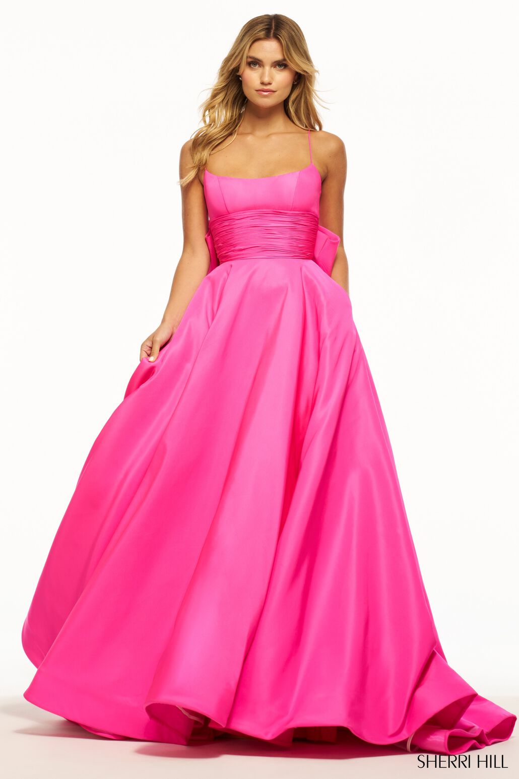 Sherri Hill 55996 prom dress images. Sherri Hill 55996 is available in these colors: Bright Pink, Red, Black, Light Blue, Lilac.
