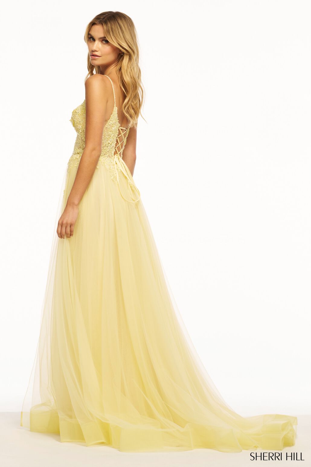 Sherri Hill 55998 prom dress images. Sherri Hill 55998 is available in these colors: Yellow, Blush, Light Blue.