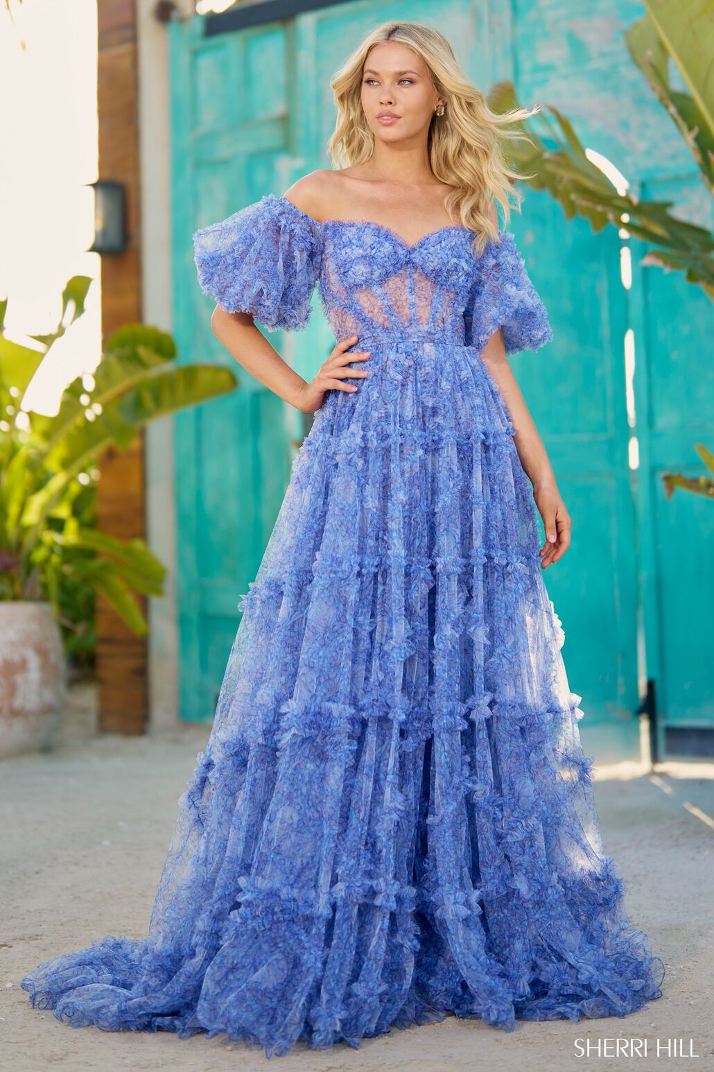 Sherri Hill 56009 prom dress images. Sherri Hill 56009 is available in these colors: Blue Print.