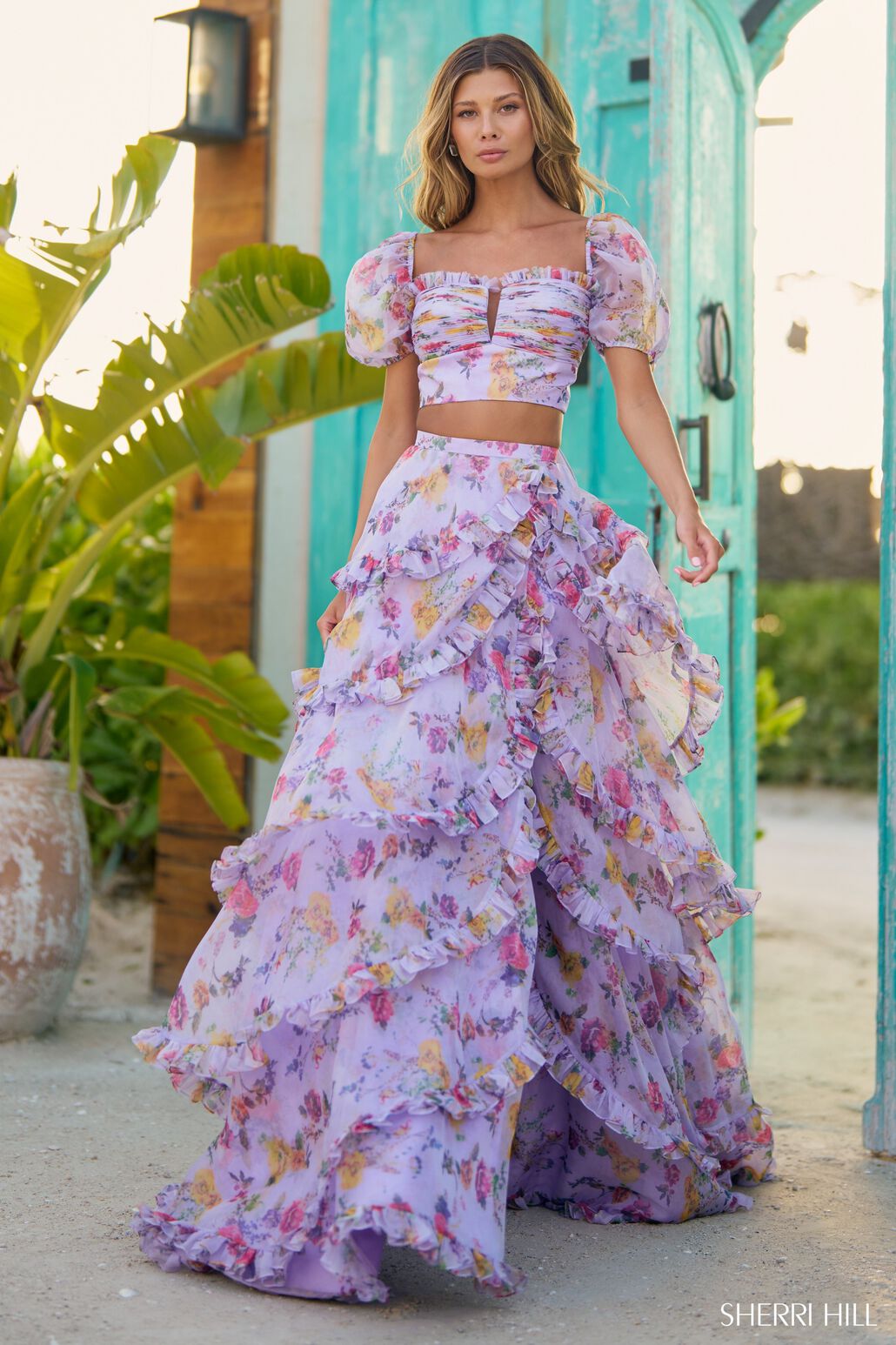 Sherri Hill 56024 prom dress images. Sherri Hill 56024 is available in these colors: Lilac Print.