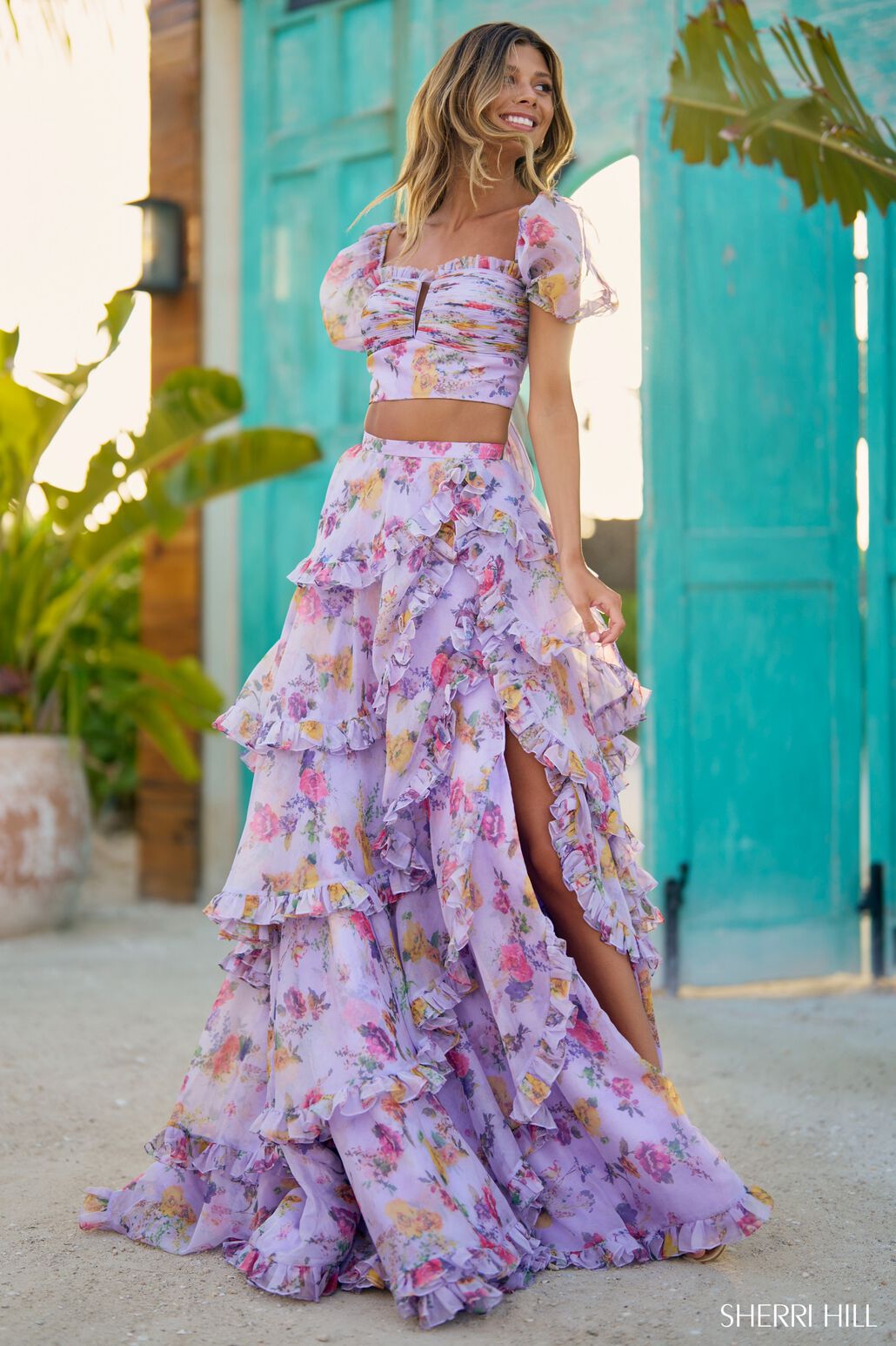 Sherri Hill 56024 prom dress images. Sherri Hill 56024 is available in these colors: Lilac Print.