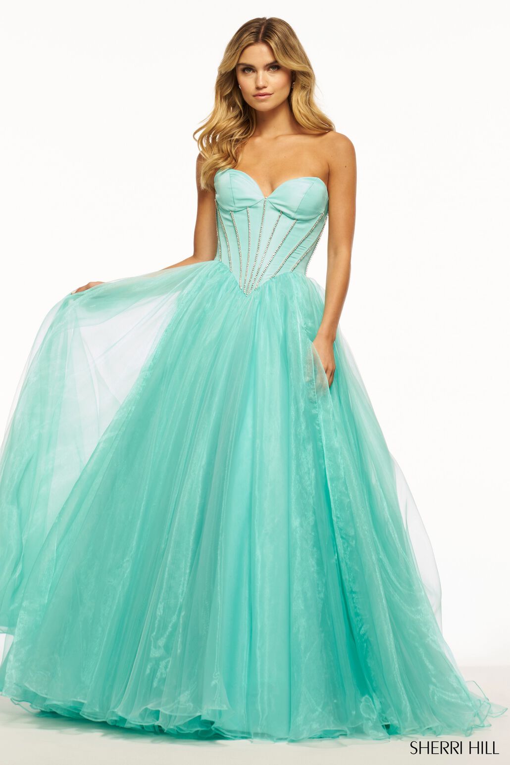Sherri Hill 56028 prom dress images. Sherri Hill 56028 is available in these colors: Black, Peacock, Aqua, Emerald, Bright Pin K.