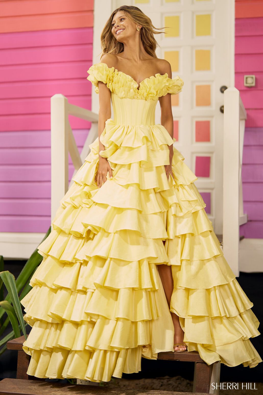 Sherri Hill 56039 prom dress images. Sherri Hill 56039 is available in these colors: Black, Red, Fuchsia, Bright Pink, Teal, Yellow, Ivory.