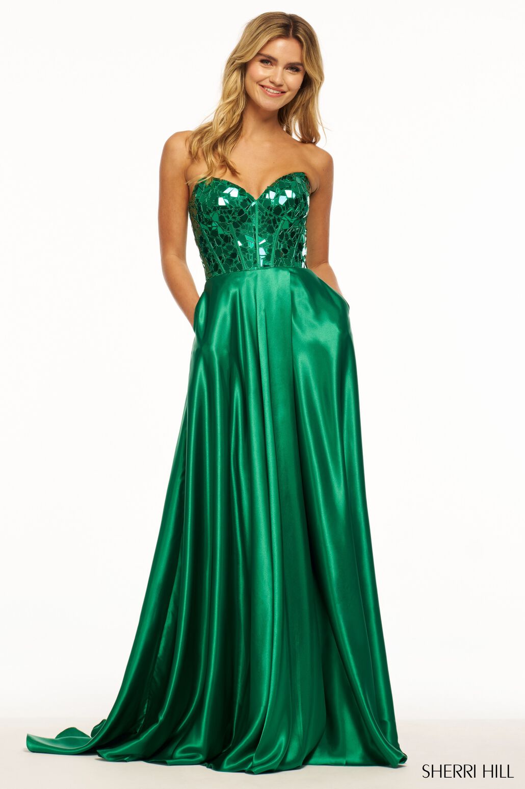 Sherri Hill 56041 prom dress images. Sherri Hill 56041 is available in these colors: Emerald, Royal, Gold, Red, Black.