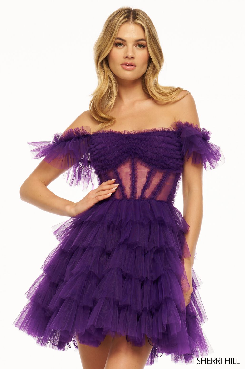 Sherri Hill 56050 formal dresses images.  Sherri Hill style 56050 is available in these colors: Bright Royal, Red, Lilac, Purple, Black, Fuchsia, Light Blue.