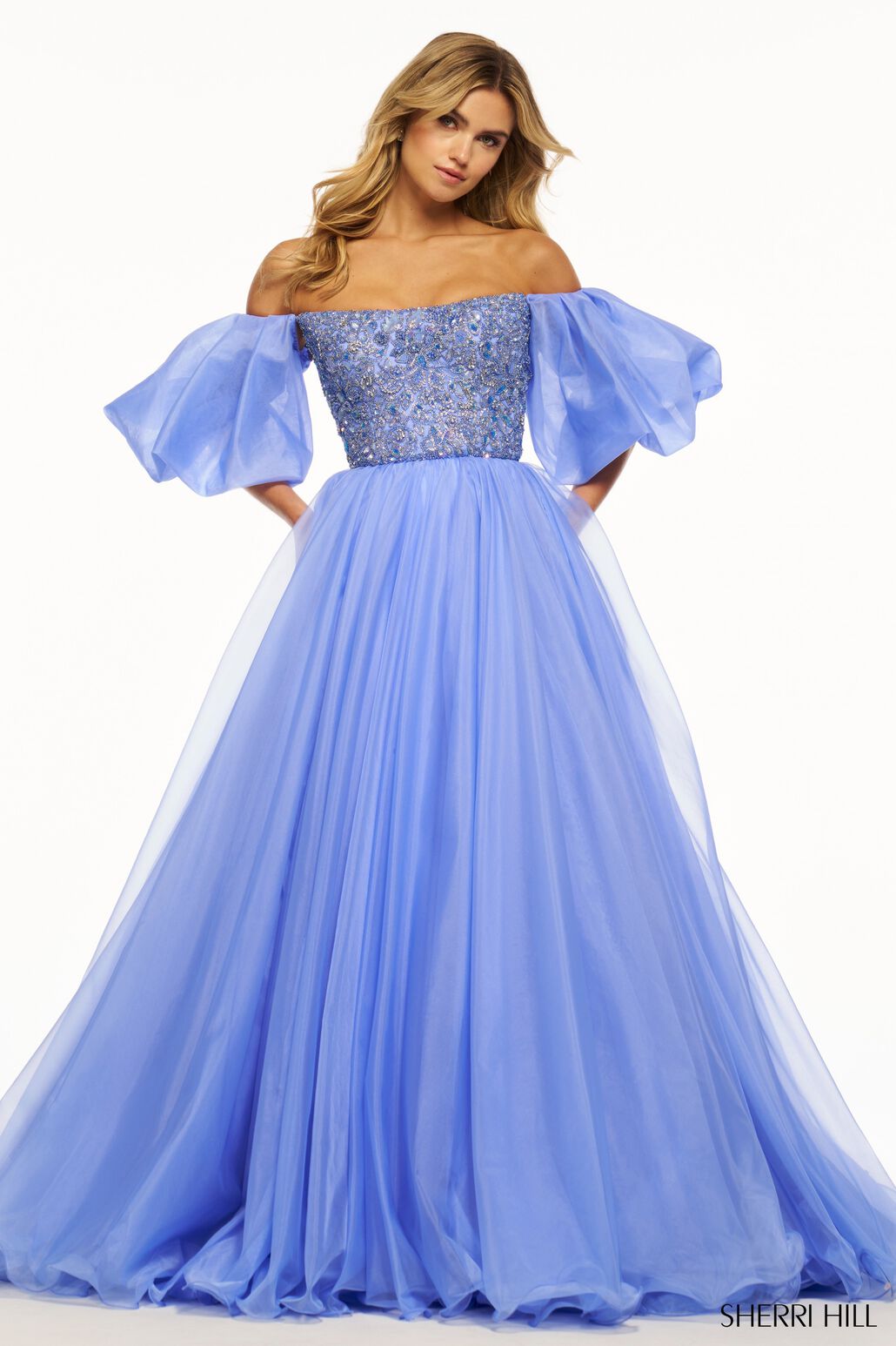 Sherri Hill 56052 prom dress images. Sherri Hill 56052 is available in these colors: Periwinkle, Light Blue, Lilac, Bright Fuchsia, Red.
