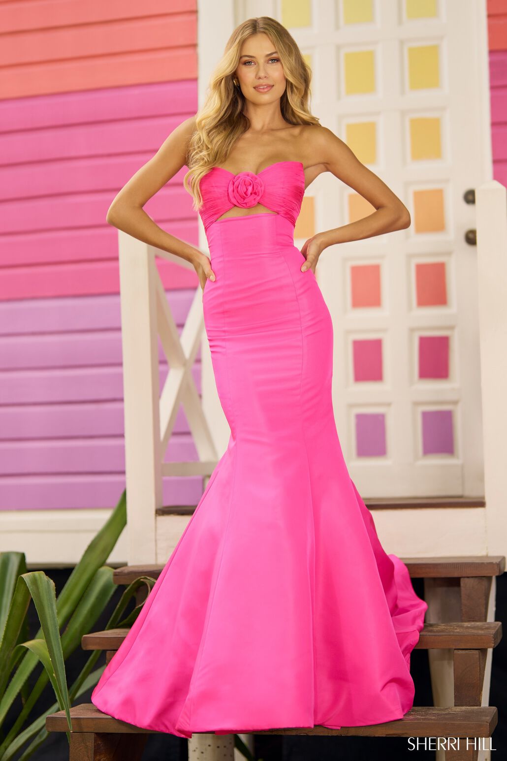 Sherri Hill 56058 prom dress images. Sherri Hill 56058 is available in these colors: Bright Pink, Black, Red, Yellow, Ivory Black, Ivory Ivory.