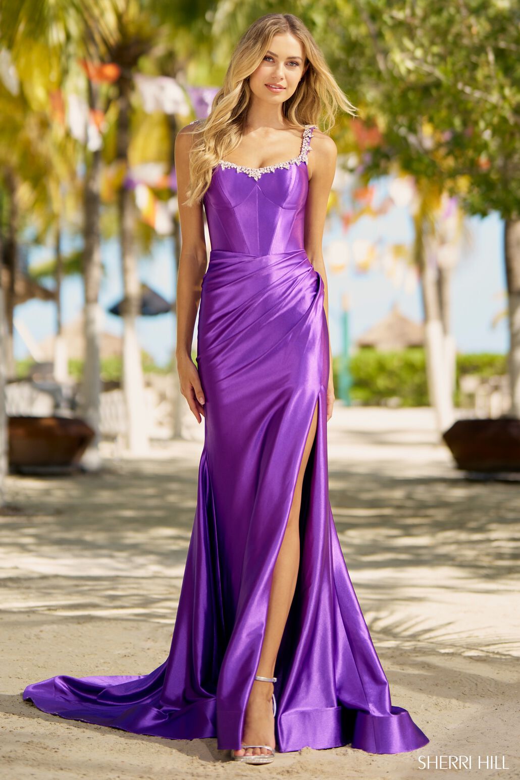Sherri Hill 56059 prom dress images. Sherri Hill 56059 is available in these colors: Red, Peacock, Silver, Gold, Candy Pink, Black, Royal, Emerald, Magenta, Purple.