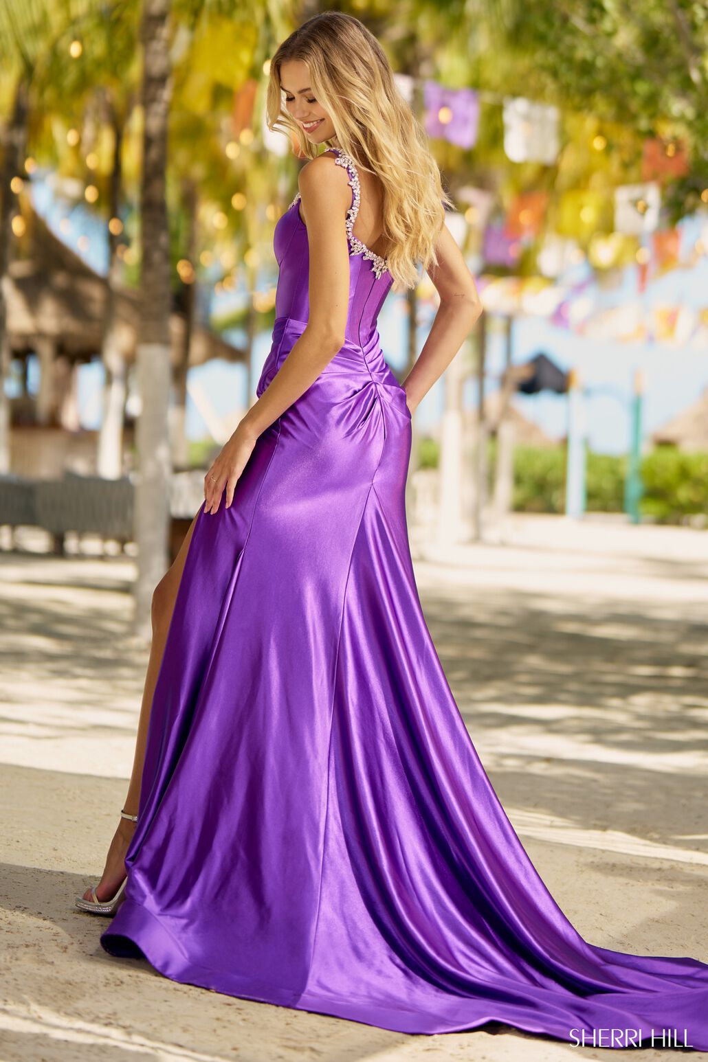 Sherri Hill 56059 prom dress images. Sherri Hill 56059 is available in these colors: Red, Peacock, Silver, Gold, Candy Pink, Black, Royal, Emerald, Magenta, Purple.