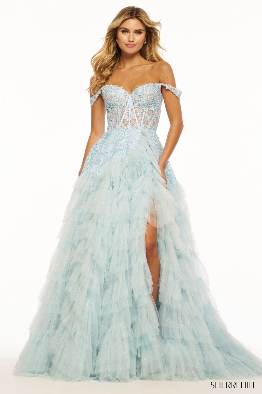 Sherri Hill 56070 prom dress images. Sherri Hill 56070 is available in these colors: Hot Pink, Ivory, Light Pink, Light Champagne, Light Blue.