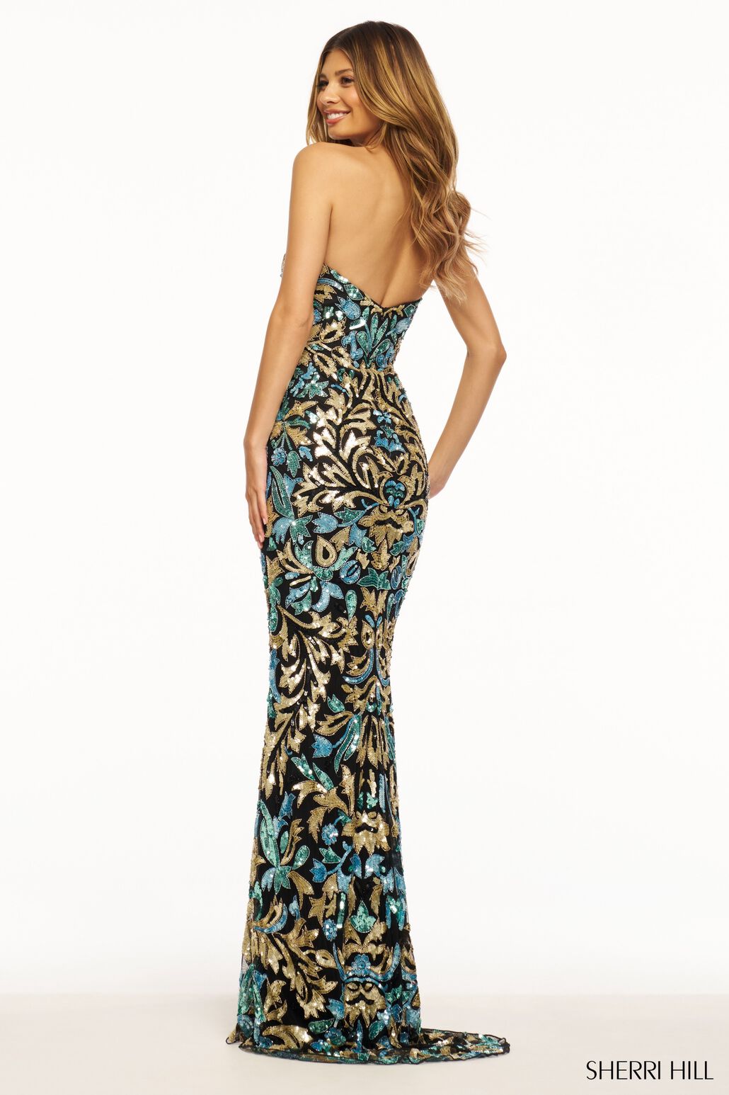 Sherri Hill 56080 prom dress images. Sherri Hill 56080 is available in these colors: Black Gold Light Blue.