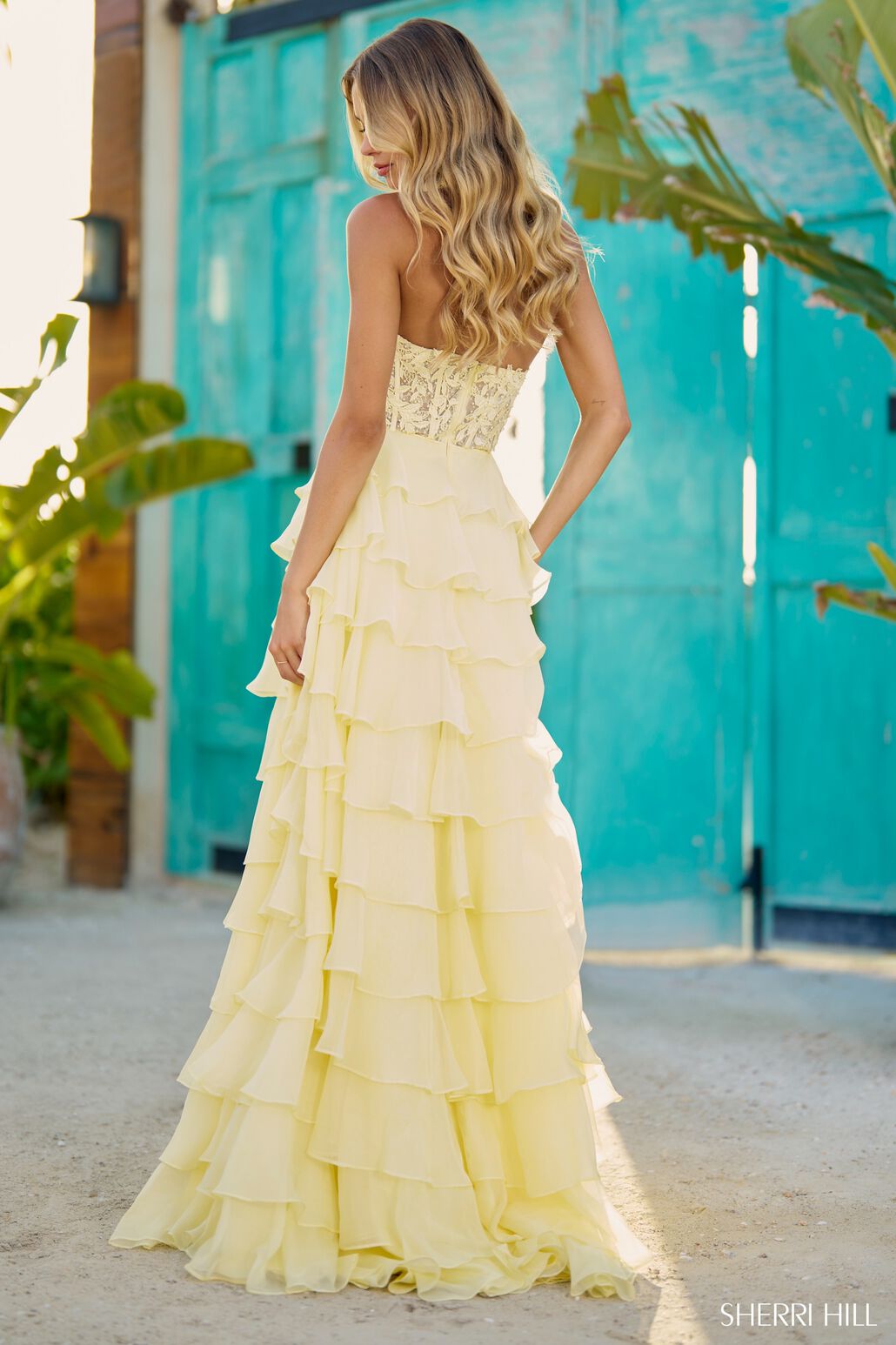 Sherri Hill 56083 prom dress images. Sherri Hill 56083 is available in these colors: Yellow, Bright Pink, Blush, Ivory, Lilac, Light Blue, Black, Red, Royal.