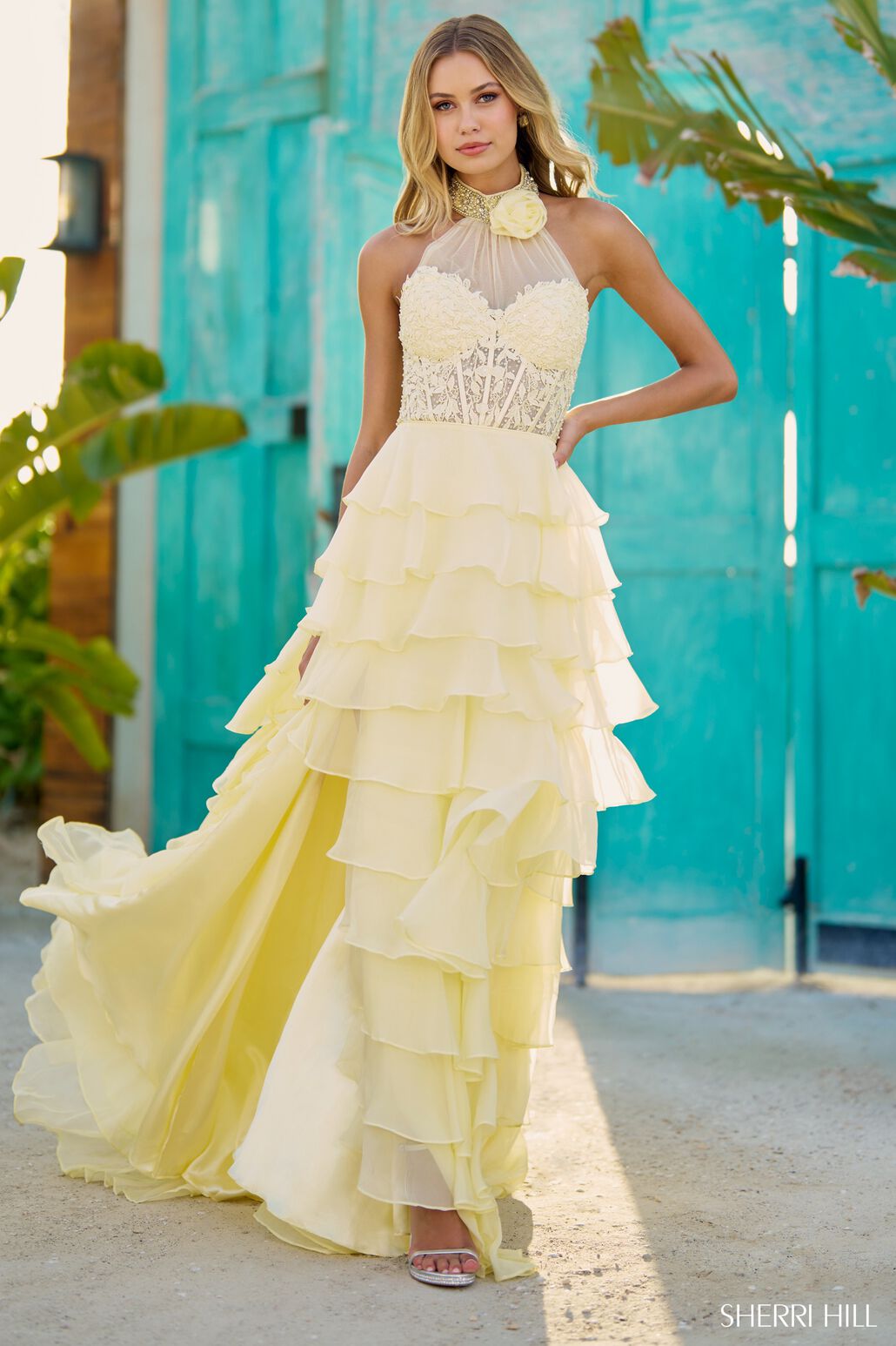 Sherri Hill 56083 prom dress images. Sherri Hill 56083 is available in these colors: Yellow, Bright Pink, Blush, Ivory, Lilac, Light Blue, Black, Red, Royal.
