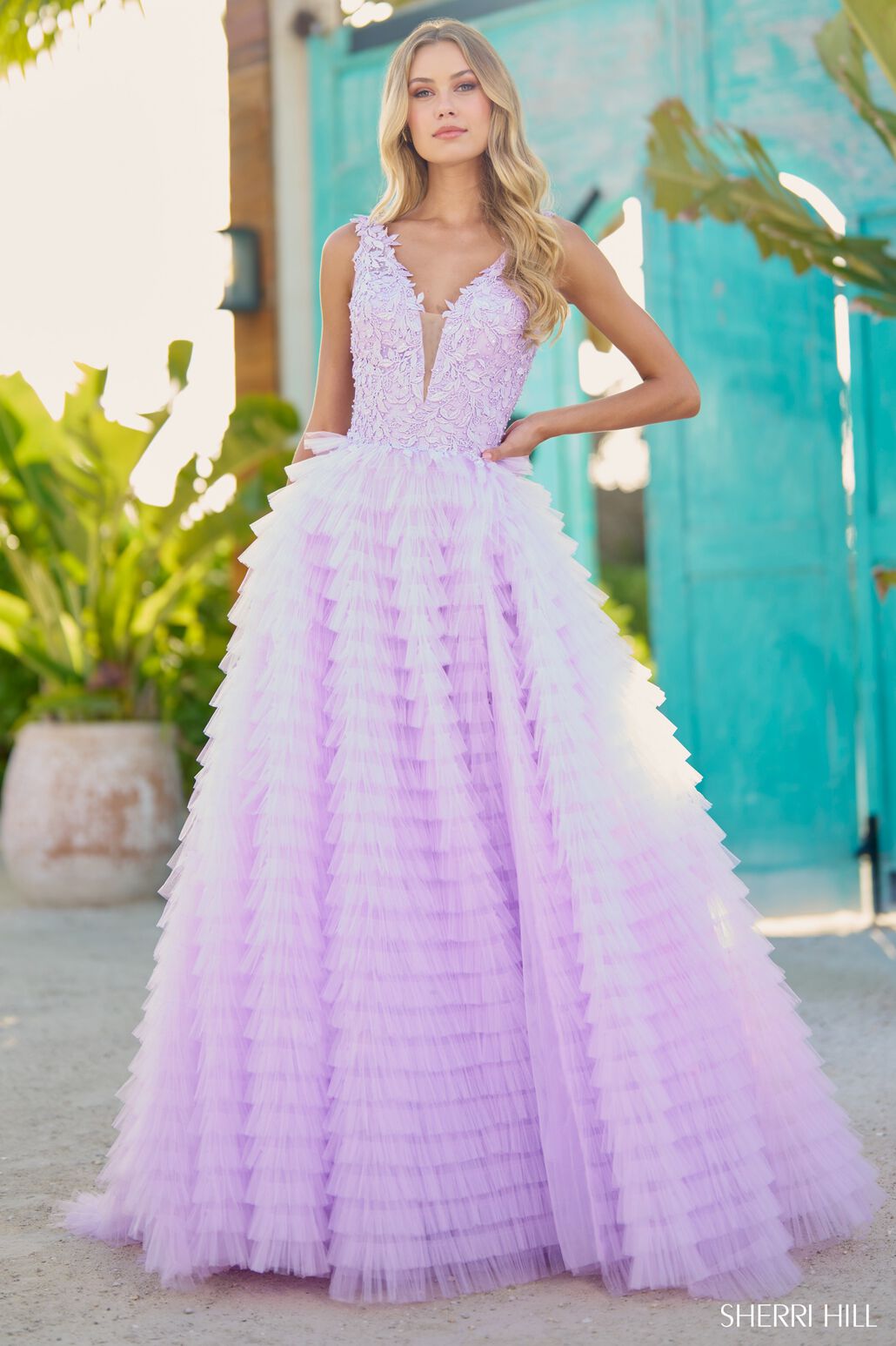 Sherri Hill 56086 prom dress images. Sherri Hill 56086 is available in these colors: Bright Pink, Light Blue, Yellow, Ivory, Lilac, Red, Black.