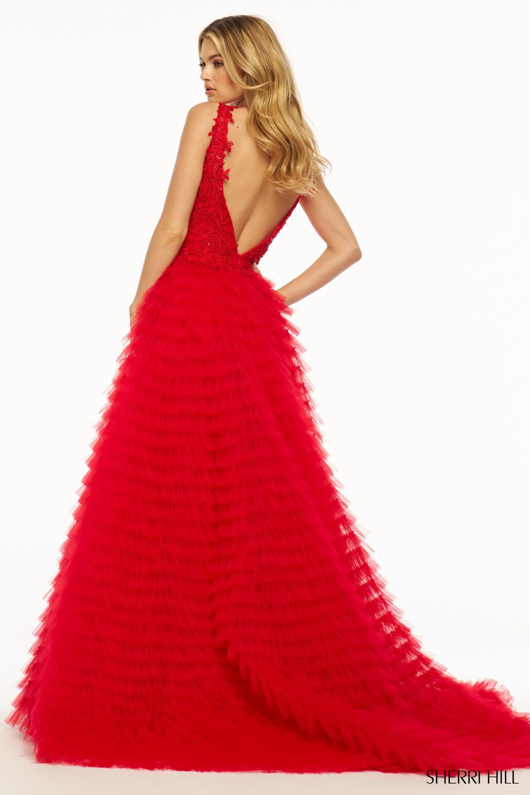 Sherri Hill 56086 prom dress images. Sherri Hill 56086 is available in these colors: Bright Pink, Light Blue, Yellow, Ivory, Lilac, Red, Black.