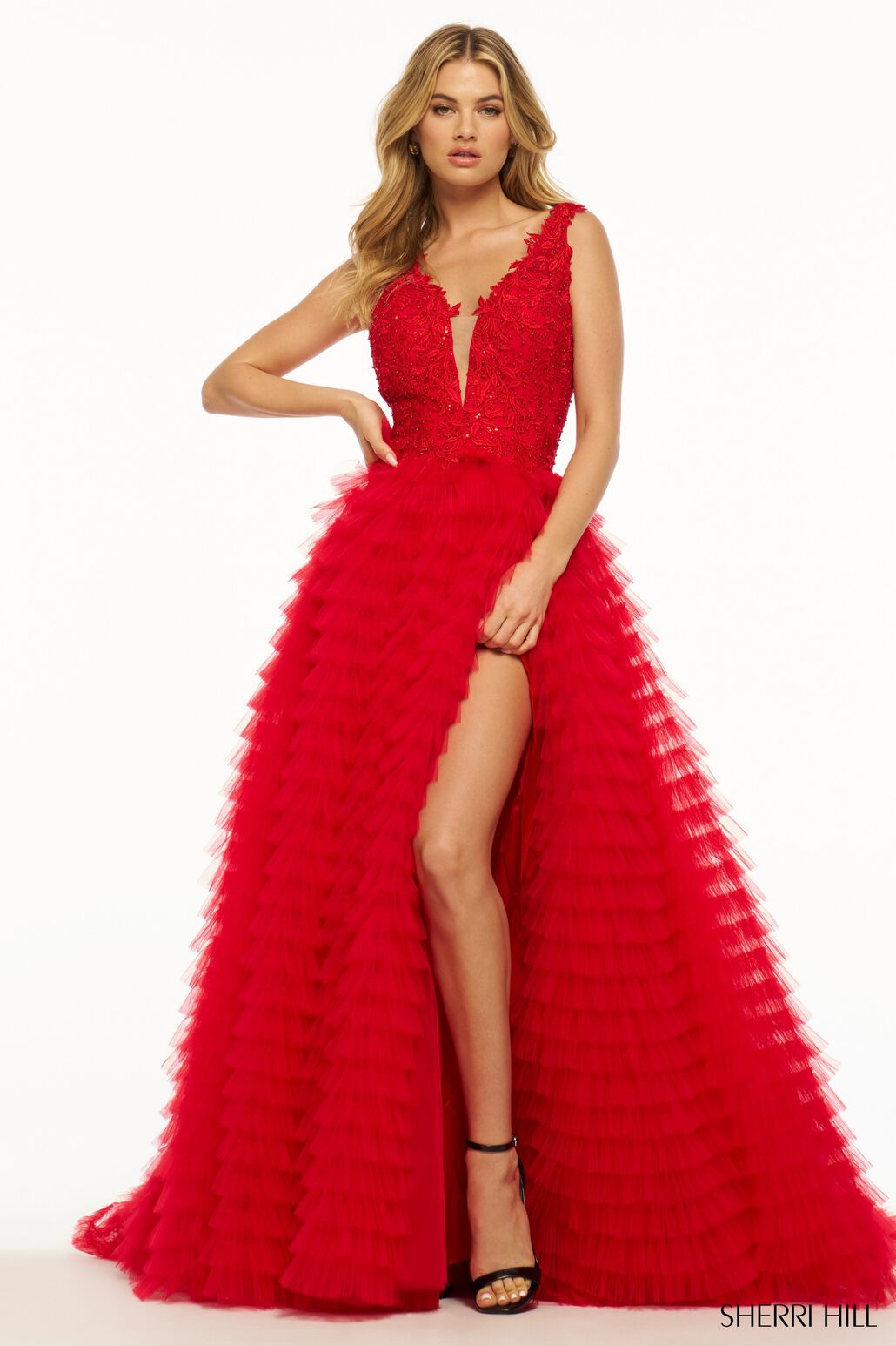Sherri Hill 56086 prom dress images. Sherri Hill 56086 is available in these colors: Bright Pink, Light Blue, Yellow, Ivory, Lilac, Red, Black.