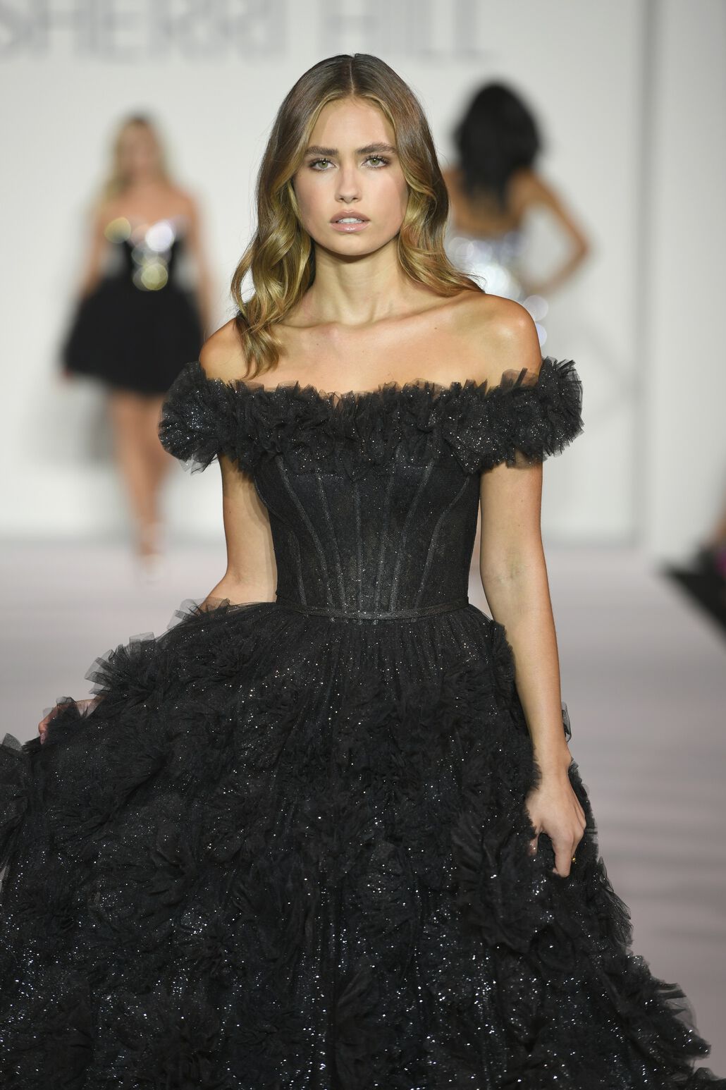 Sherri Hill 56095 prom dress images. Sherri Hill 56095 is available in these colors: Purple, Pink, Black, Ivory, Blue, Red, Champagne, Bright Pink.