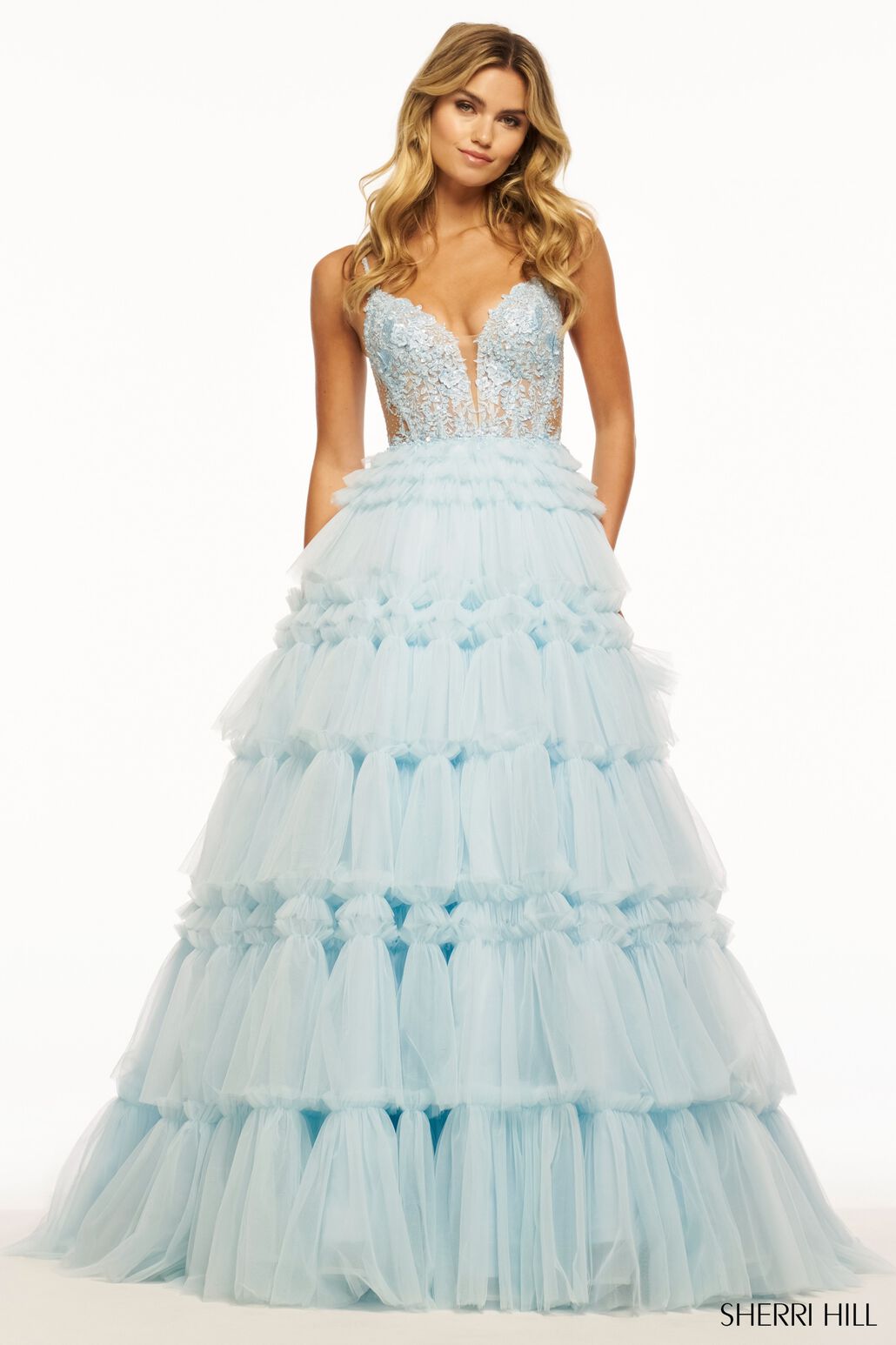 Sherri Hill 56102 prom dress images. Sherri Hill 56102 is available in these colors: Light Blue, Ivory, Pink, Black, Red, Light Champagne, Periwinkle, Lilac, Magenta.