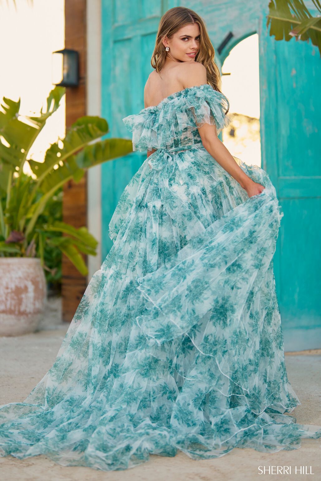 Sherri Hill 56128 prom dress images. Sherri Hill 56128 is available in these colors: Green Print.