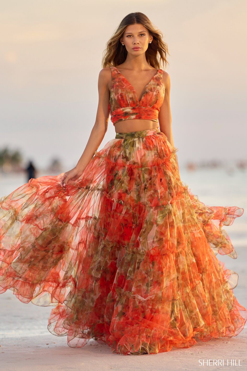 Sherri Hill 56151 prom dress images. Sherri Hill 56151 is available in these colors: Orange Print.