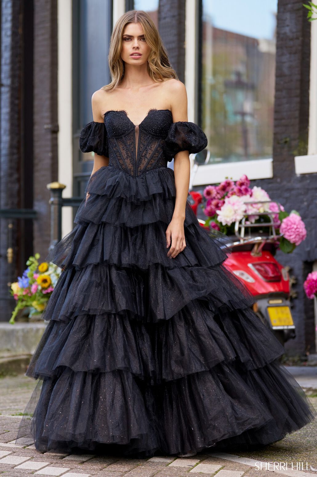 Sherri Hill 56170 prom dress images. Sherri Hill 56170 is available in these colors: Black, Ivory, Red, Light Blue, Bright Pink.