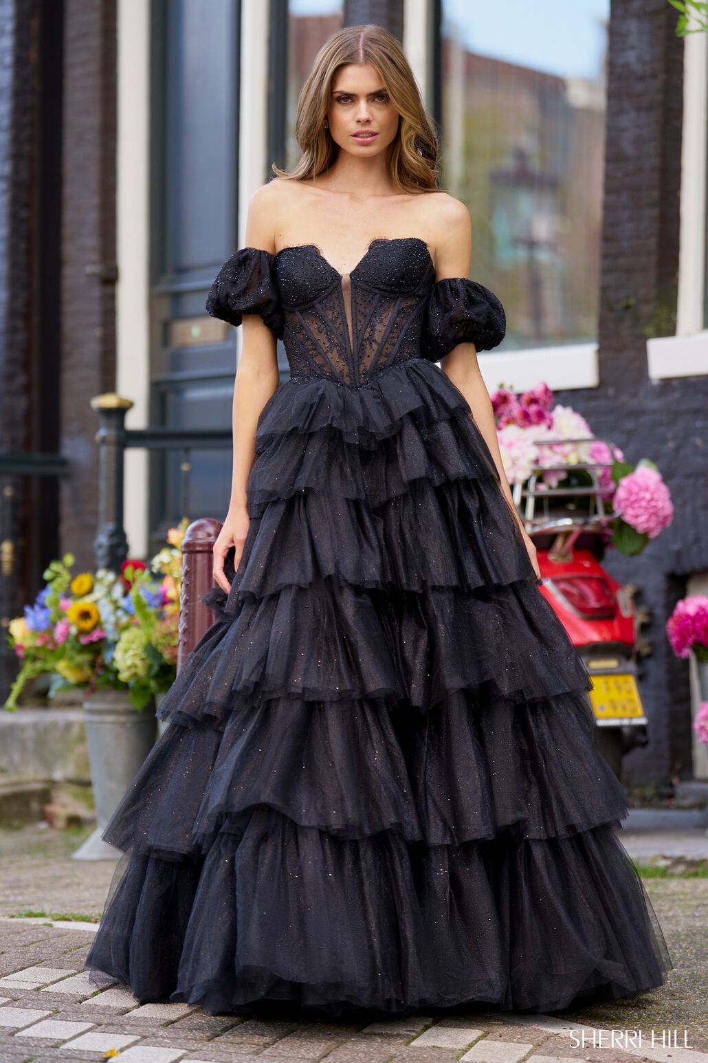 Sherri Hill 56170 prom dress images. Sherri Hill 56170 is available in these colors: Black, Ivory, Red, Light Blue, Bright Pink.