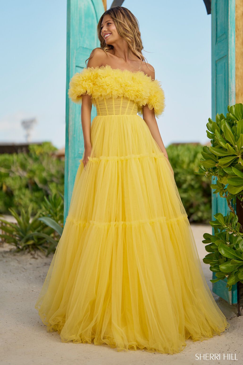 Sherri Hill 56173 prom dress images. Sherri Hill 56173 is available in these colors: Yellow, Red, Lilac, Black, Candy Pink, Ivory, Fuchsia.
