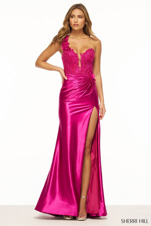 Sherri Hill 56174 prom dress images. Sherri Hill 56174 is available in these colors: Red, Black, Ivory, Yellow, Magenta, Royal, Navy, Wine, Peacock.
