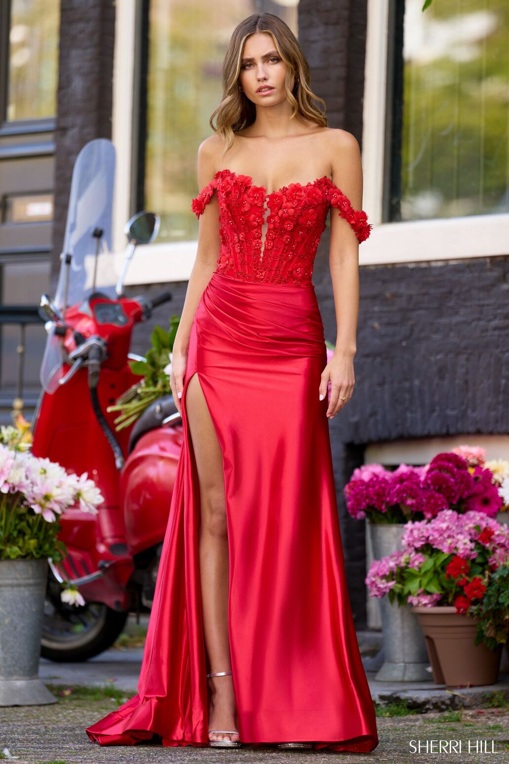 Sherri Hill 56176 prom dress images. Sherri Hill 56176 is available in these colors: Ivory, Black, Red, Yellow, Emerald.