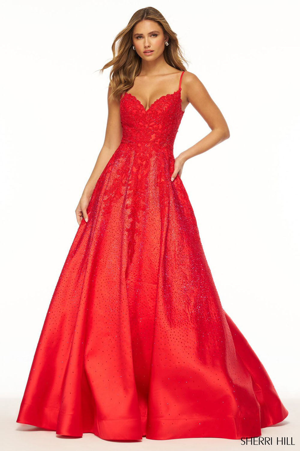 Sherri Hill 56183 prom dress images. Sherri Hill 56183 is available in these colors: Red, Black, Emerald, Royal, Navy, Magenta.