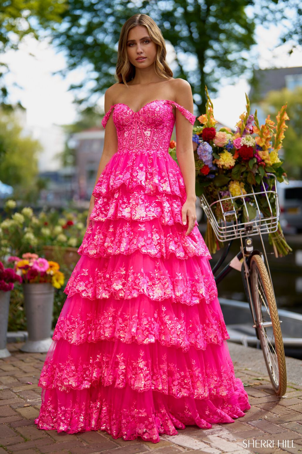 sherri hill red off the shoulder prom dress Sherri Hill 55033