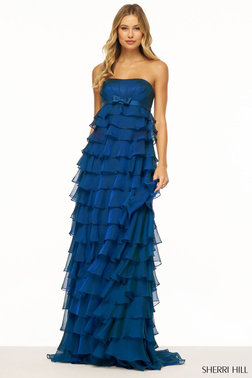 Sherri Hill 56226 prom dress images. Sherri Hill 56226 is available in these colors: Chartreuse, Yellow, Navy, Champagne, Emerald, Red, Berry.