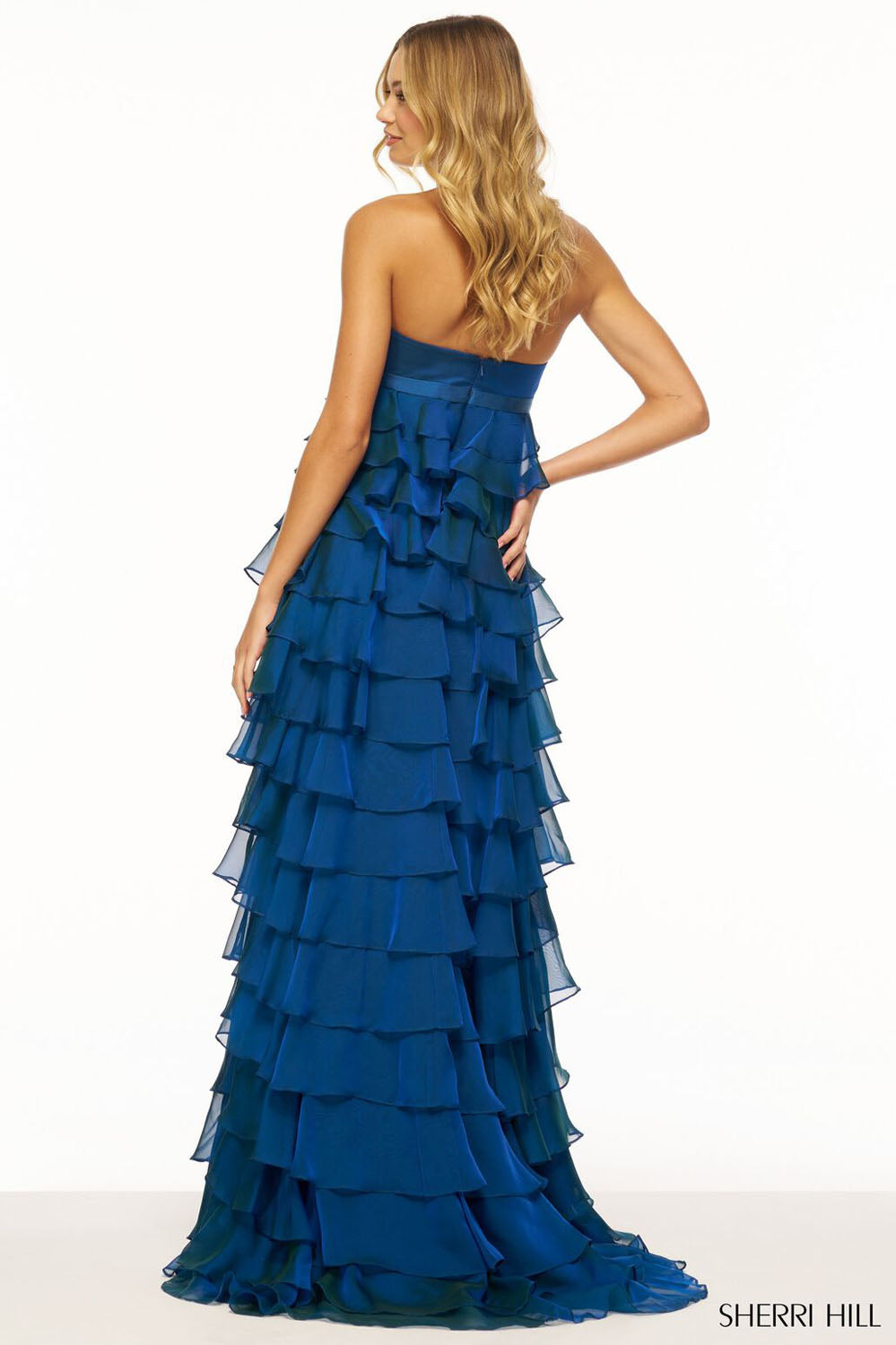 Sherri Hill 56226 prom dress images. Sherri Hill 56226 is available in these colors: Chartreuse, Yellow, Navy, Champagne, Emerald, Red, Berry.