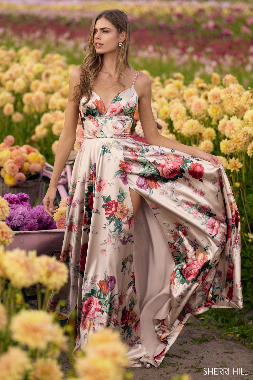 Sherri Hill 56247 prom dress images. Sherri Hill 56247 is available in these colors: Champagne Print.