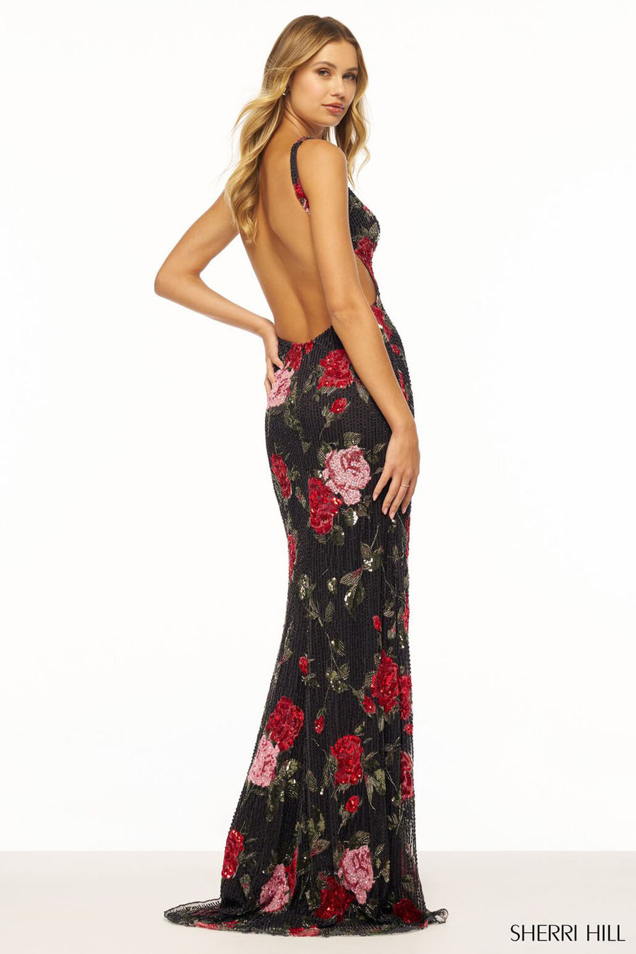 Sherri Hill 56301 prom dress images.  Sherri Hill 56301 is available in these colors: Black Red Print.