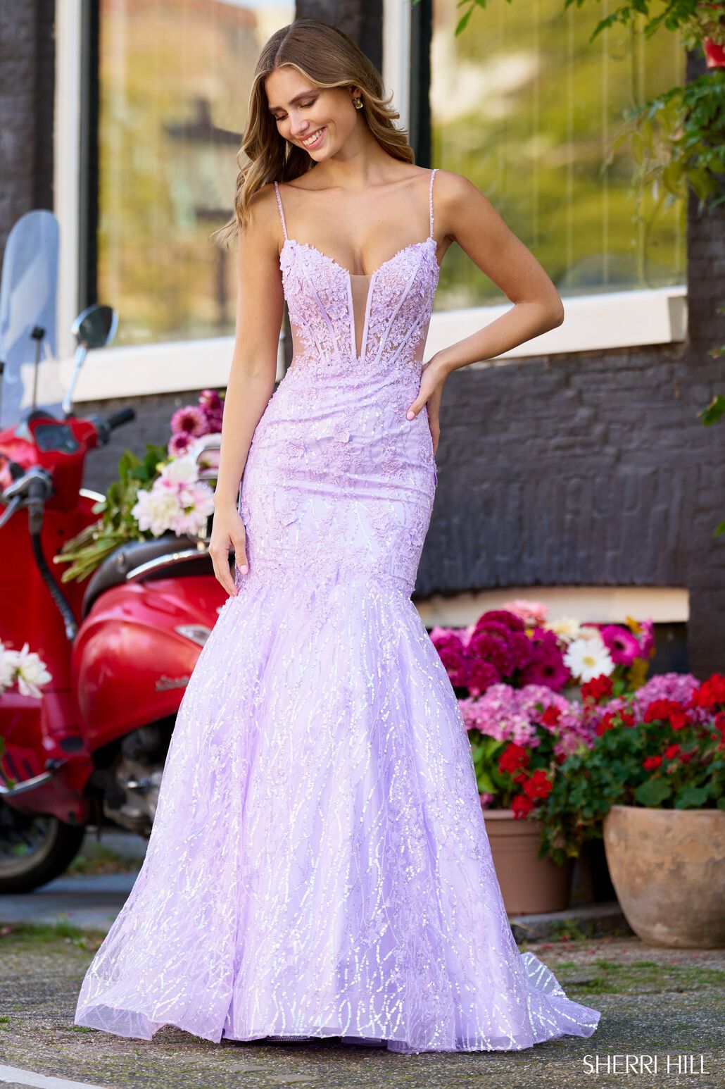 Sherri Hill 56313 prom dress images. Sherri Hill 56313 is available in these colors: Lilac, Red, Black, Periwinkle, Light Blue, Blush, Ivory.