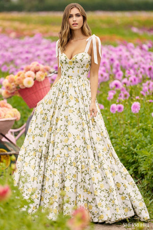 Sherri Hill 56347 prom dress images.  Sherri Hill 56347 is available in these colors: Ivory Yellow Print.