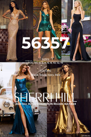 Sherri Hill 56357 prom dress images.  Sherri Hill 56357 is available in these colors: Black, Royal, Ivory, Red.