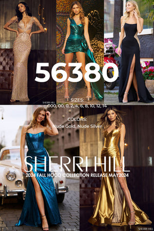 Sherri Hill 56380 prom dress images.  Sherri Hill 56380 is available in these colors: Nude Gold, Nude Silver.