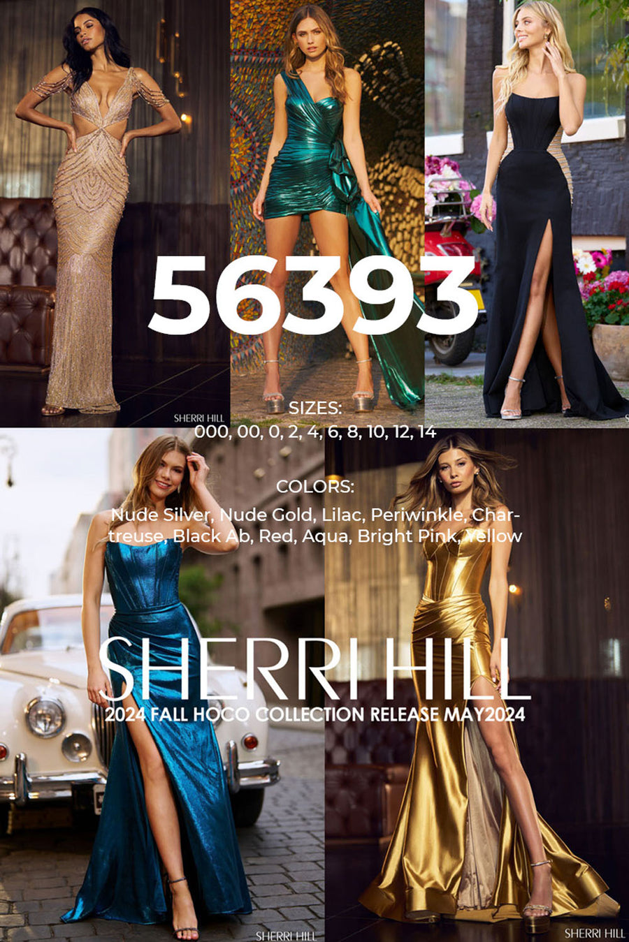 Sherri Hill 56393 prom dress images.  Sherri Hill 56393 is available in these colors: Nude Silver, Nude Gold, Lilac, Periwinkle, Chartreuse, Black Ab, Red, Aqua, Bright Pink, Yellow.